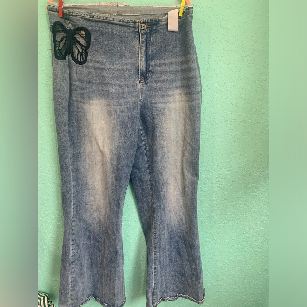 Canana Blue Straight Leg Jeans with navy  Butterfly Y2K flare retro 16W cut out